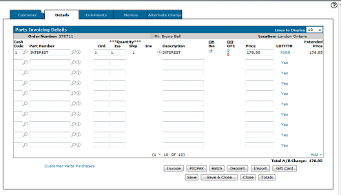 Accepting a payment and adding an AR interest charge using a parts invoice